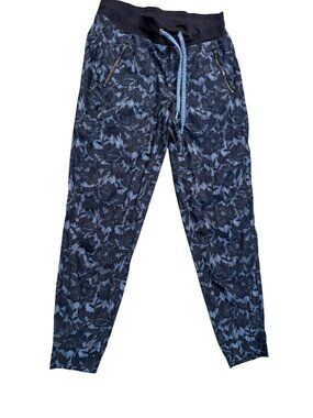 Athleta Trekkie Floral Athletic Jogger Drawstring Waistband Pockets Navy Blue Bl